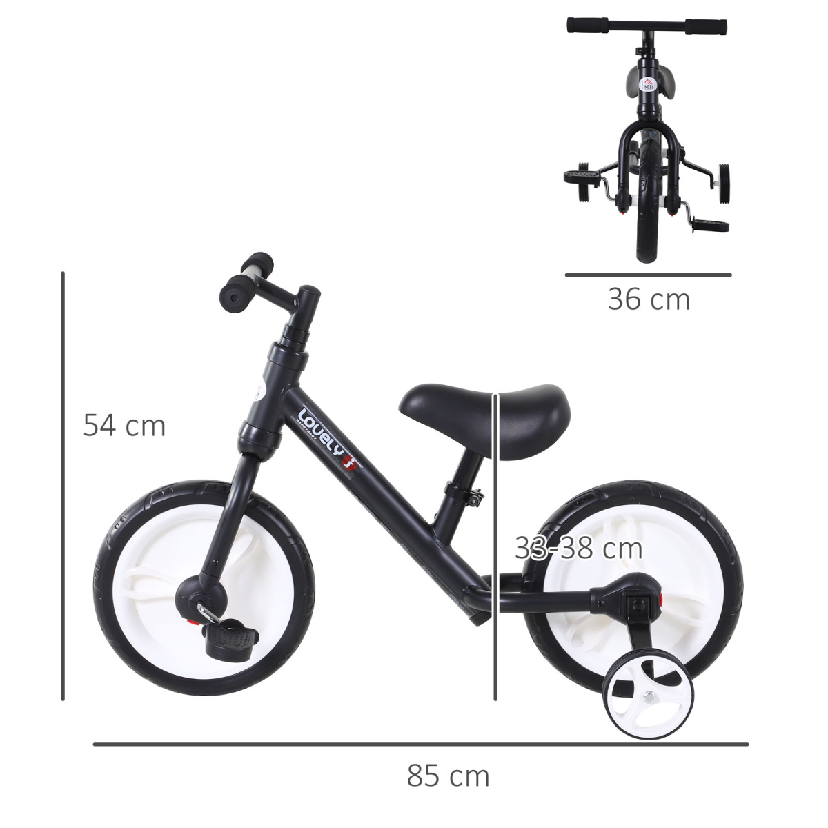 Kids 2-in-1 Balance Training Bike with Stabilizers & Pedals – Black (Ages 2–5)