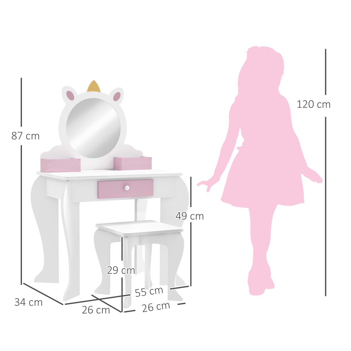 Kids Unicorn Dressing Table & Stool Set with Mirror – White & Pink (Ages 3–6)