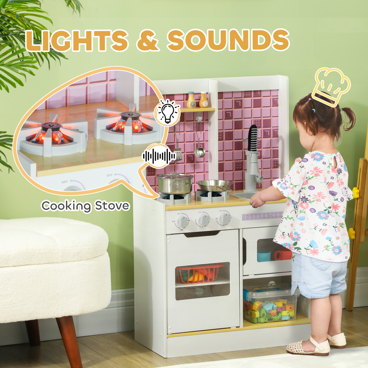 Kids Wooden Kitchen Playset with Lights, Sounds & Accessories ā White.