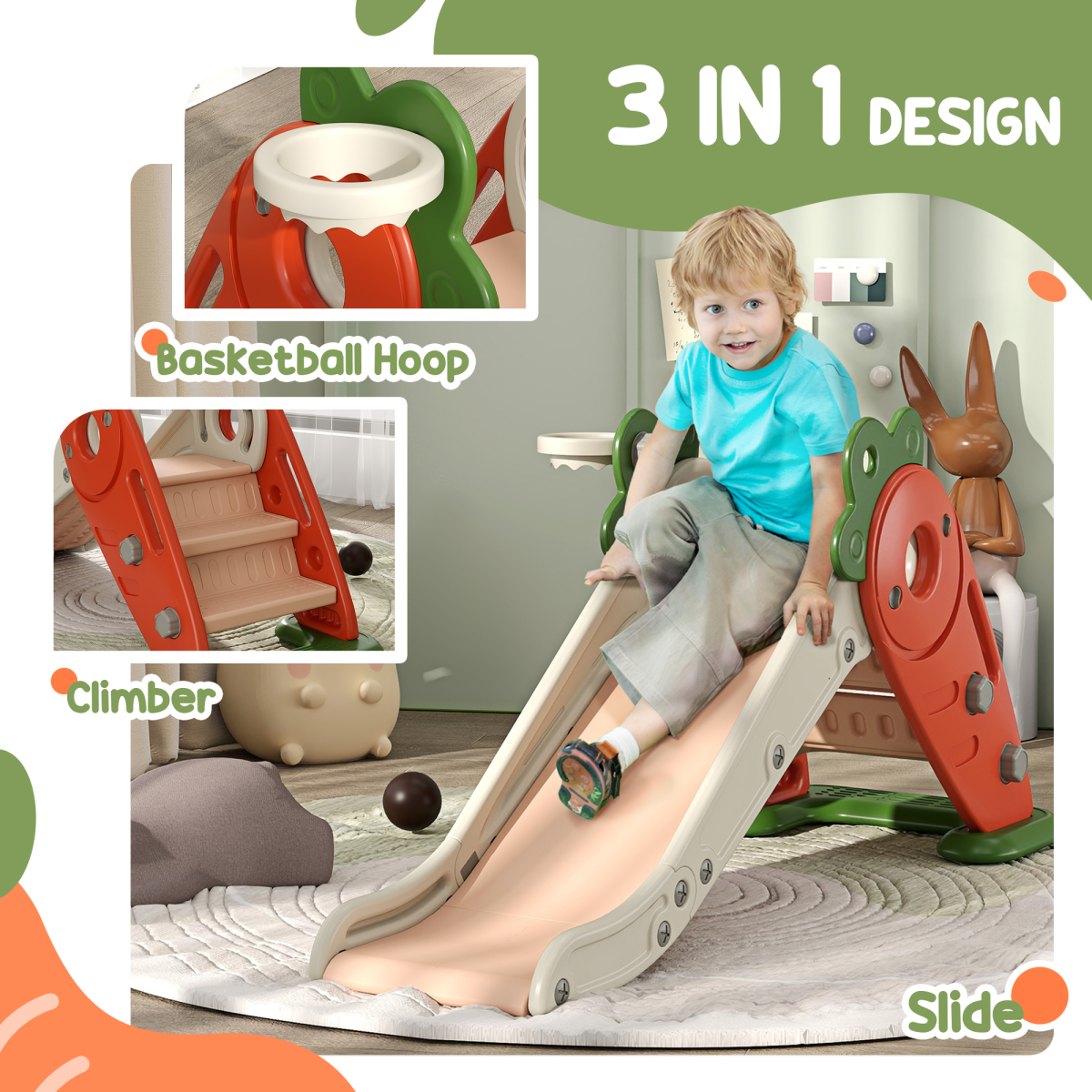 ๐ฅ Carrot-Themed Toddler Slide & Climber with Basketball Hoop โ Orange