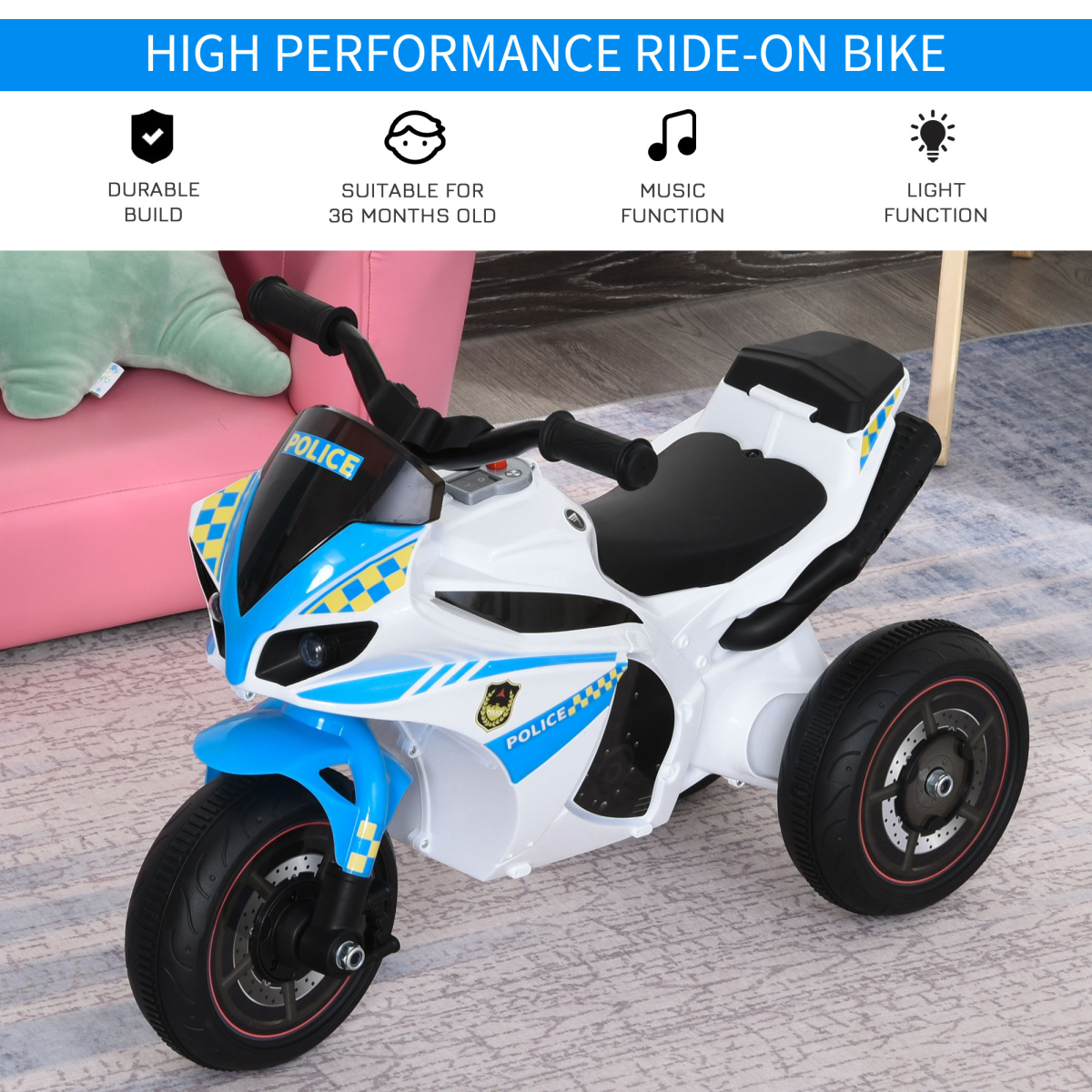 Kids Police Ride-On Bike with Lights & Music – 3-Wheel Balance Bike (Ages 18–36 Months)