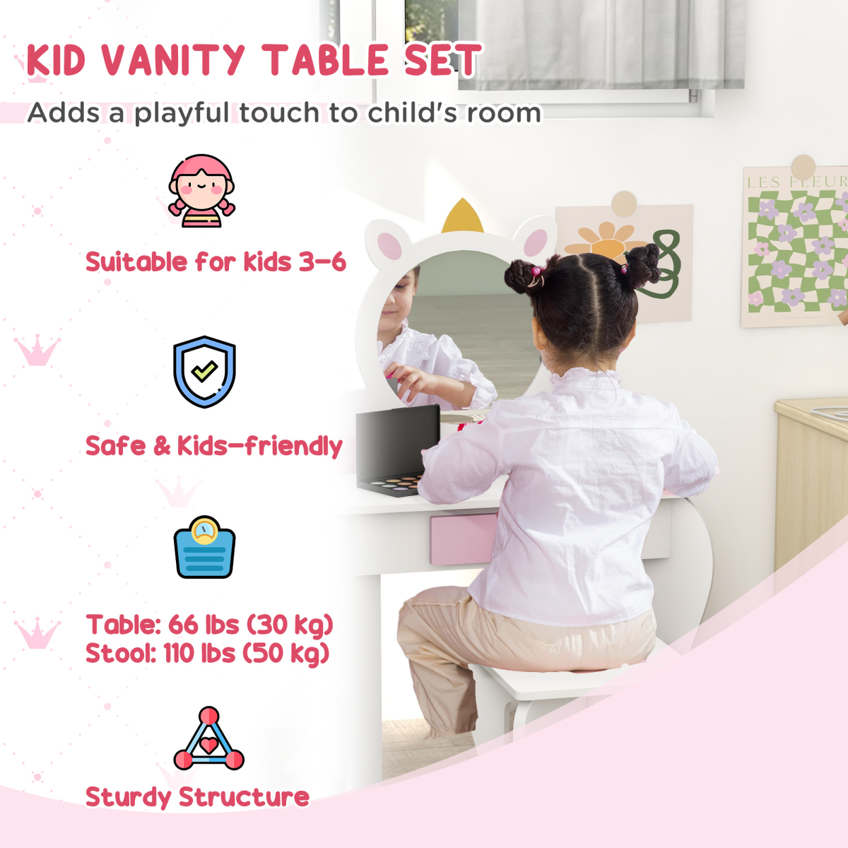 Kids Unicorn Dressing Table & Stool Set with Mirror – White & Pink (Ages 3–6)