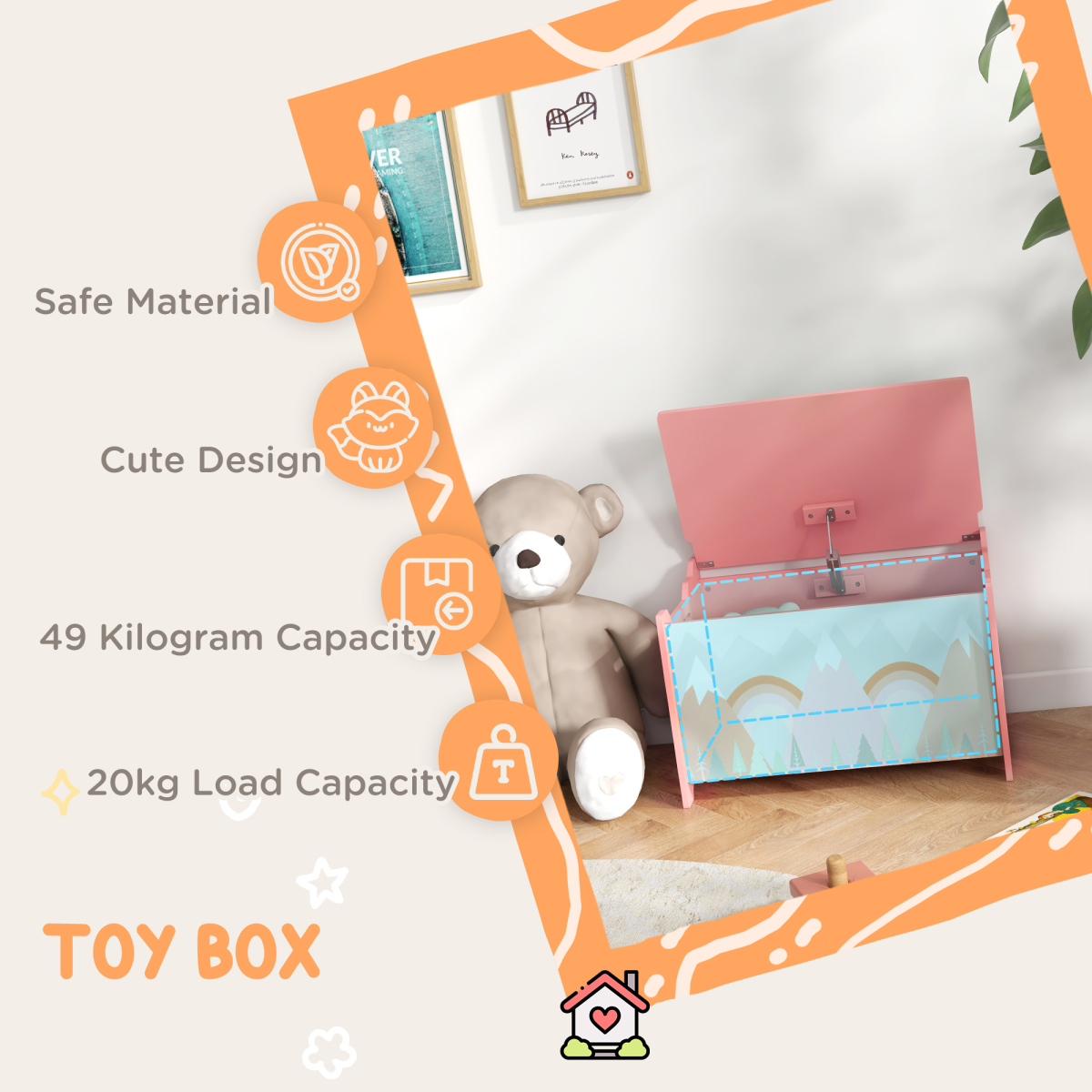 Kids Toy Box with Safety Hinge & Lid – Pink