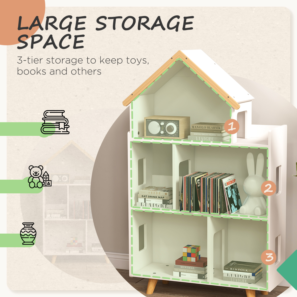 Kids 3-Tier Storage Shelf with Wooden Feet – White (Ages 3–6)