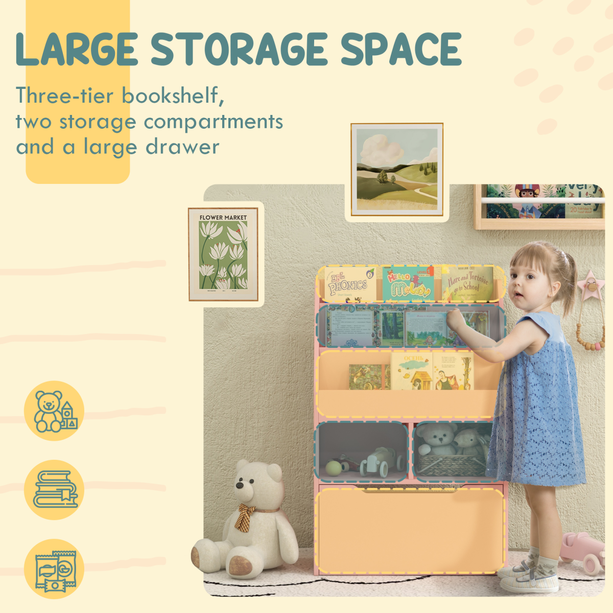 Kids Bookshelf & Storage Organiser with Wheels – Pink