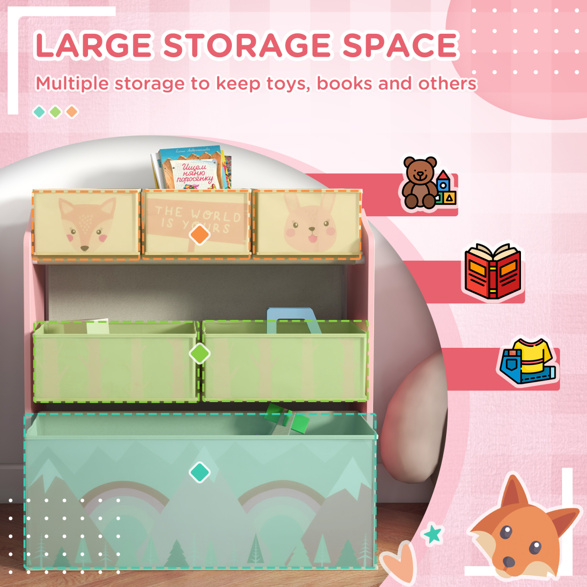 Kids Toy Storage Organiser with 6 Removable Boxes – Pink