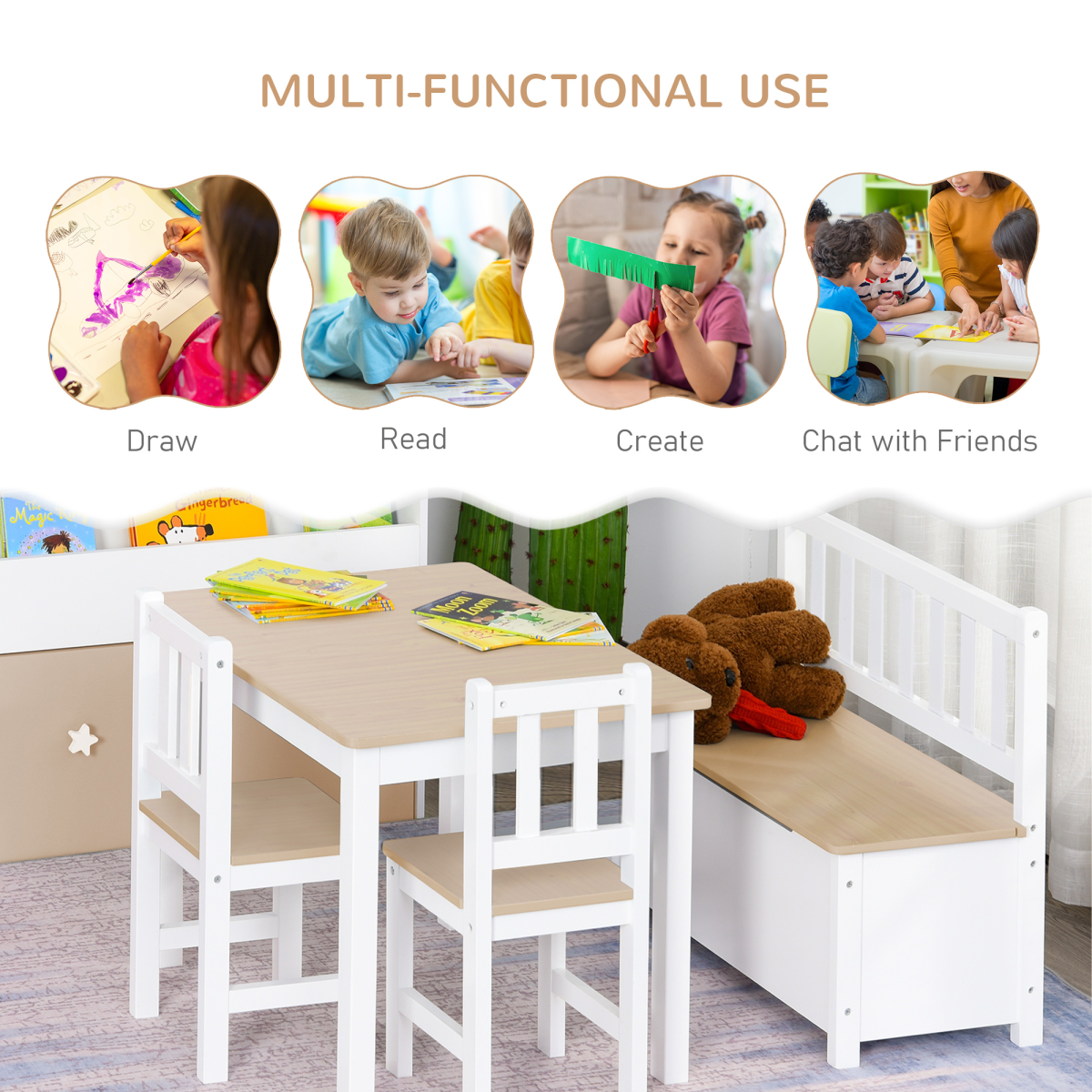 4-Piece Set Kids Wood Table Chair Bench Storage Function for 3 Years+ HOMCOM