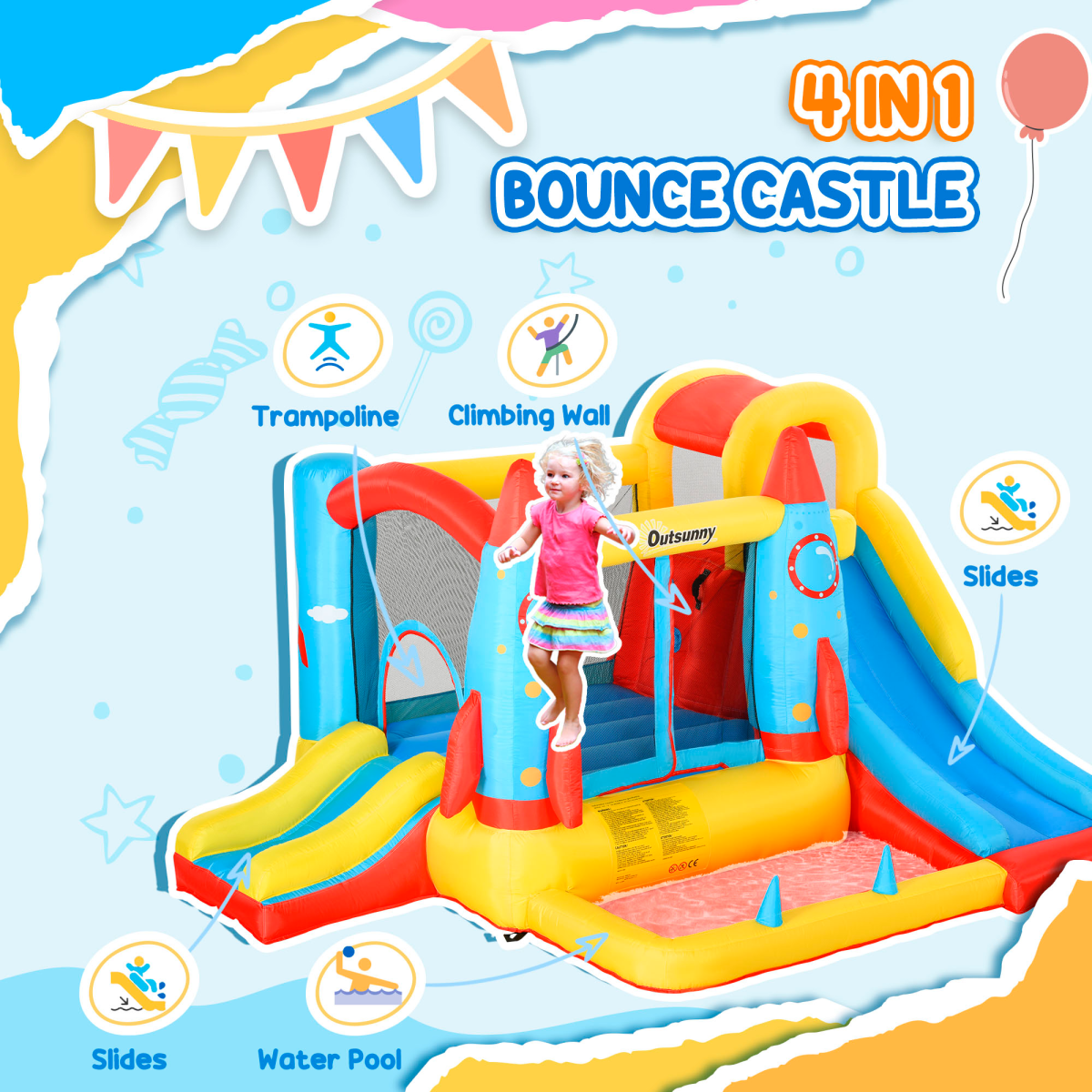 Bouncy Castle with Slide Pool Rocket Trampoline w/ Carrybag Blower