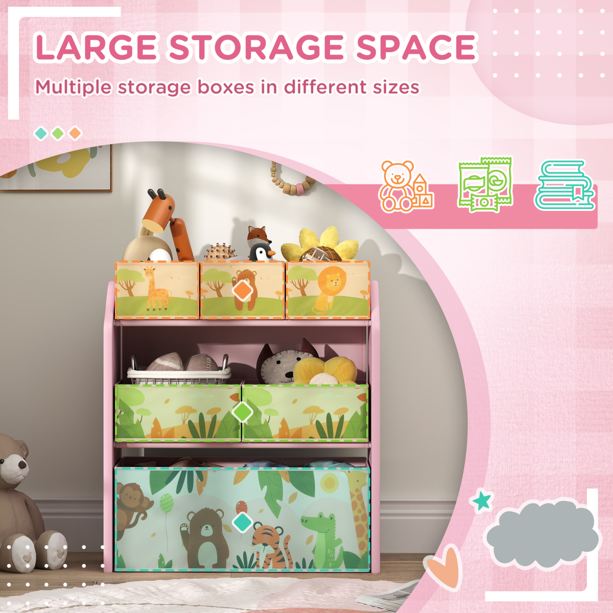 Kids 3-Tier Storage Unit with 6 Removable Boxes – Pink Cartoon Design