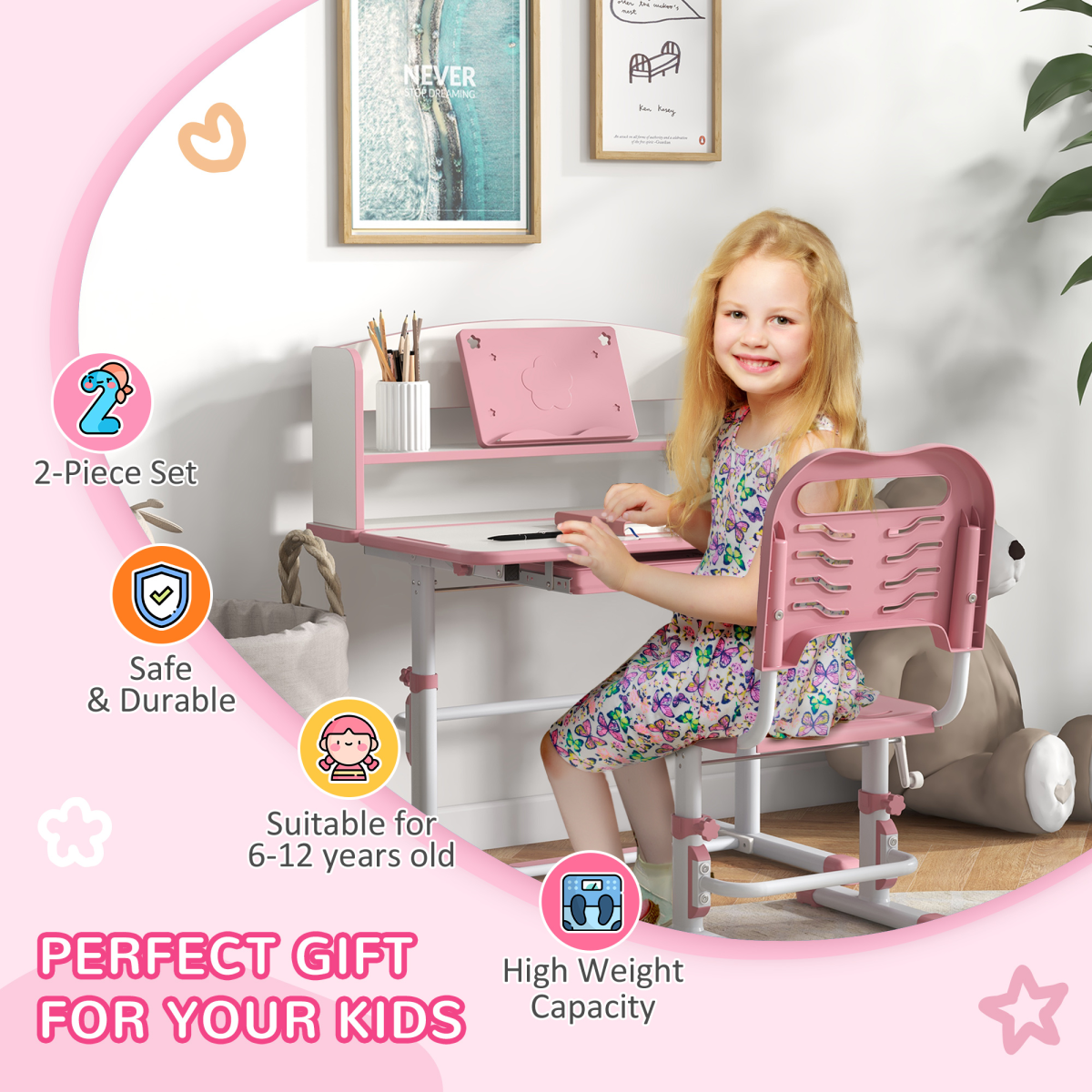 Child sitting at a pink and white adjustable desk and chair set in a room.