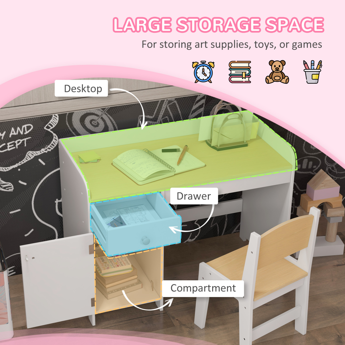 Kids Desk & Chair Set with Storage – White (Ages 3–6)