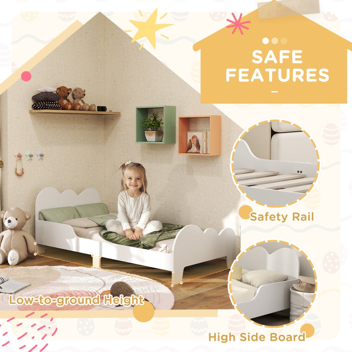 AIYAPLAY Cloud-Themed Toddler Bed frame with Safety Rails, 143.5 x 74.5 x 56cm