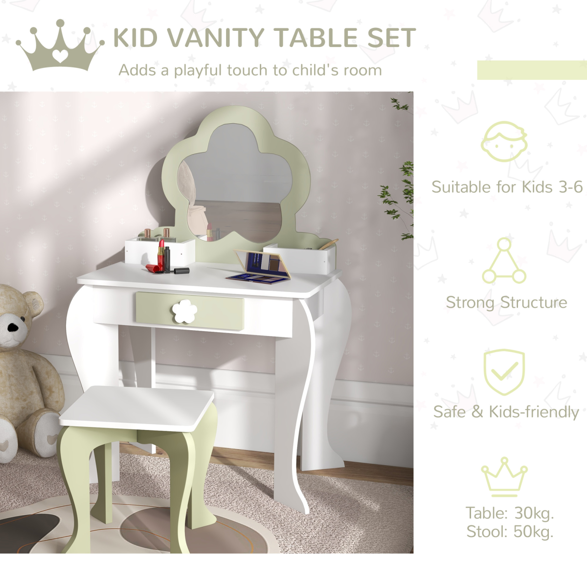 Kids Dressing Table Set with Stool & Mirror – White & Yellow Flower Design