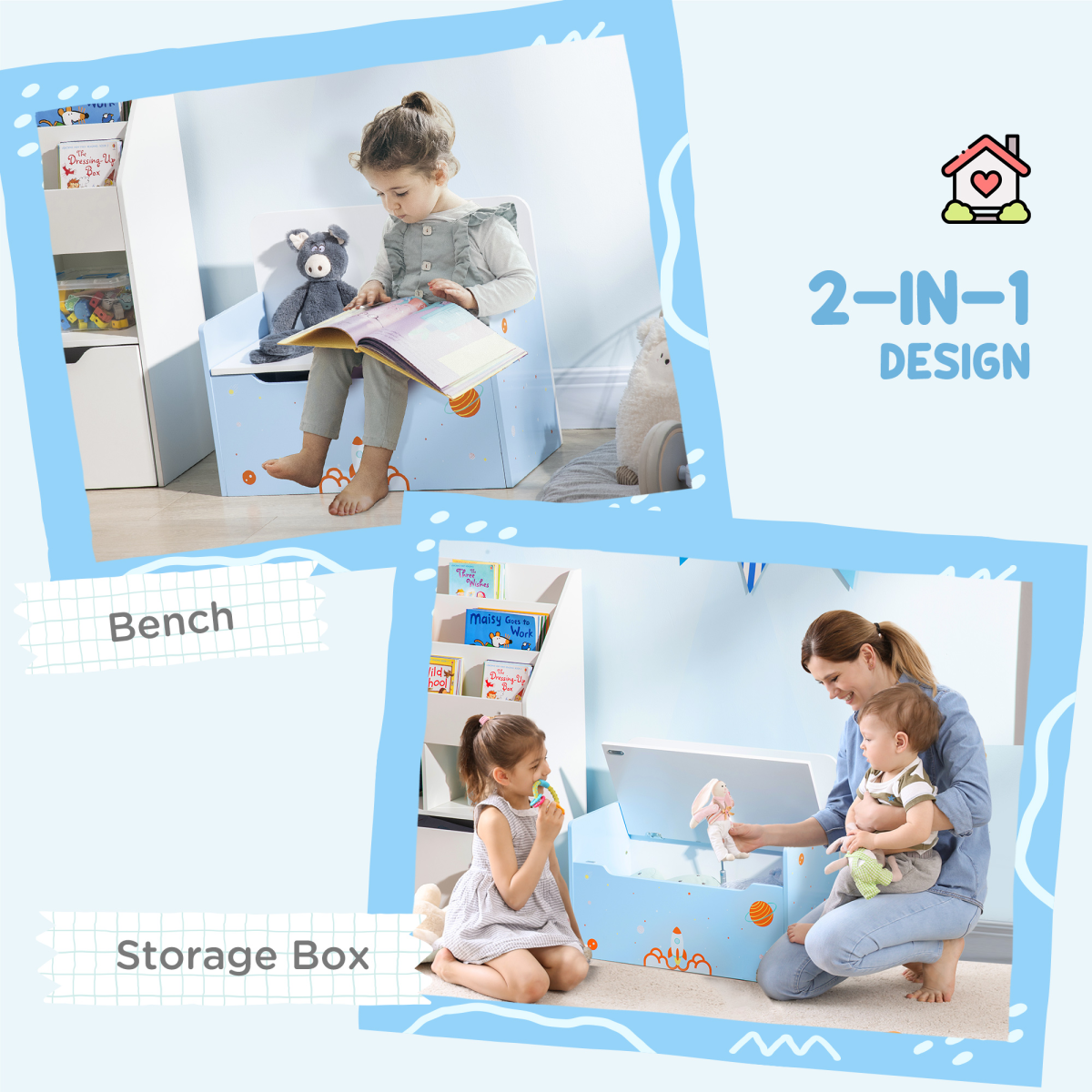 2-in-1 Kids Toy Chest with Seat & Backrest – MDF & Pine Wood