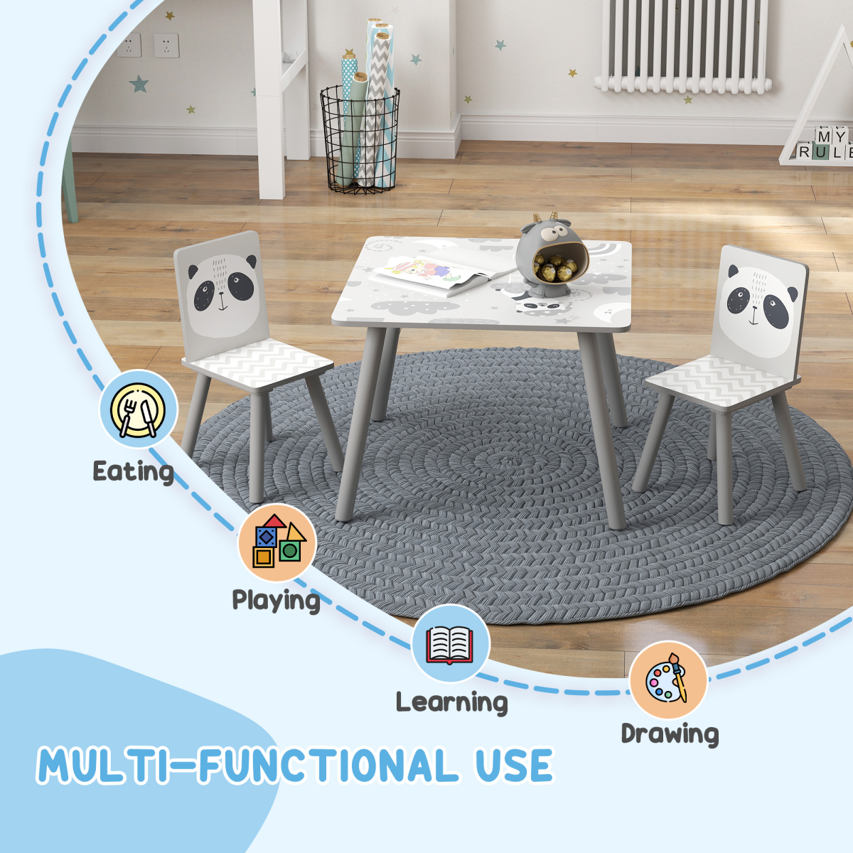 Kids 3-Piece Table & Chair Set – Grey (Desk + 2 Chairs)