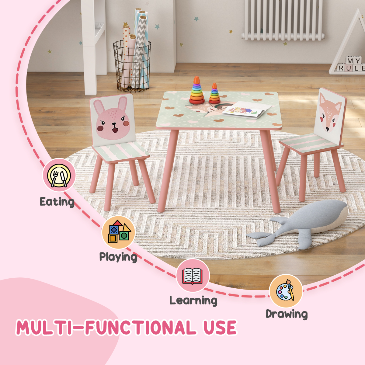 Kids Table & Chairs Set – 3-Piece Desk with 2 Chairs, Pink (Ages 3–8)