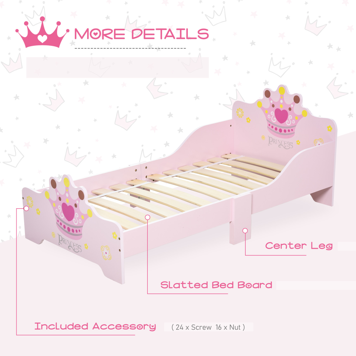 Kids’ Princess Toddler Bed with Side Rails – Pink