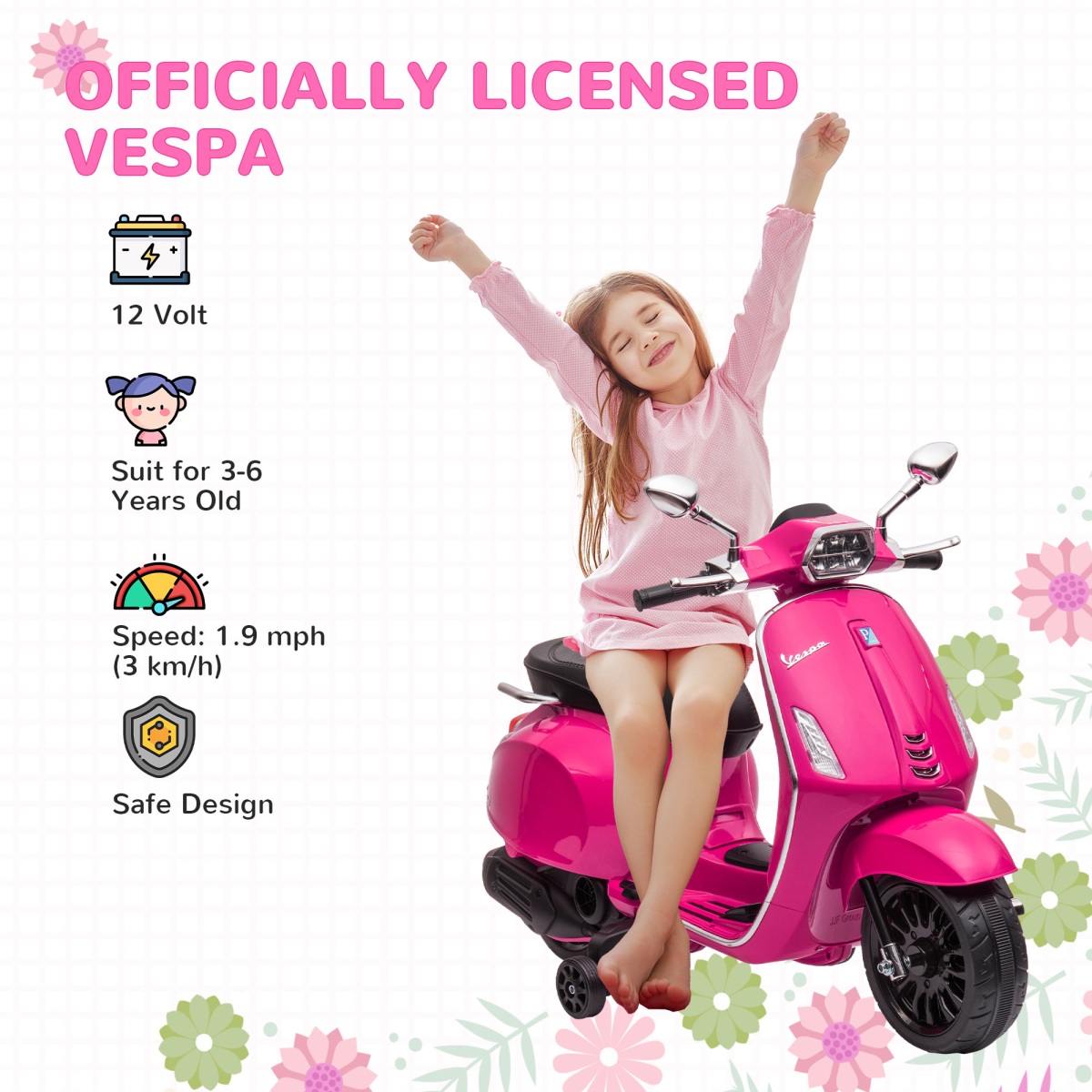 AIYAPLAY 12V Vespa Licensed Kids Ride-On Scooter ā Pink
