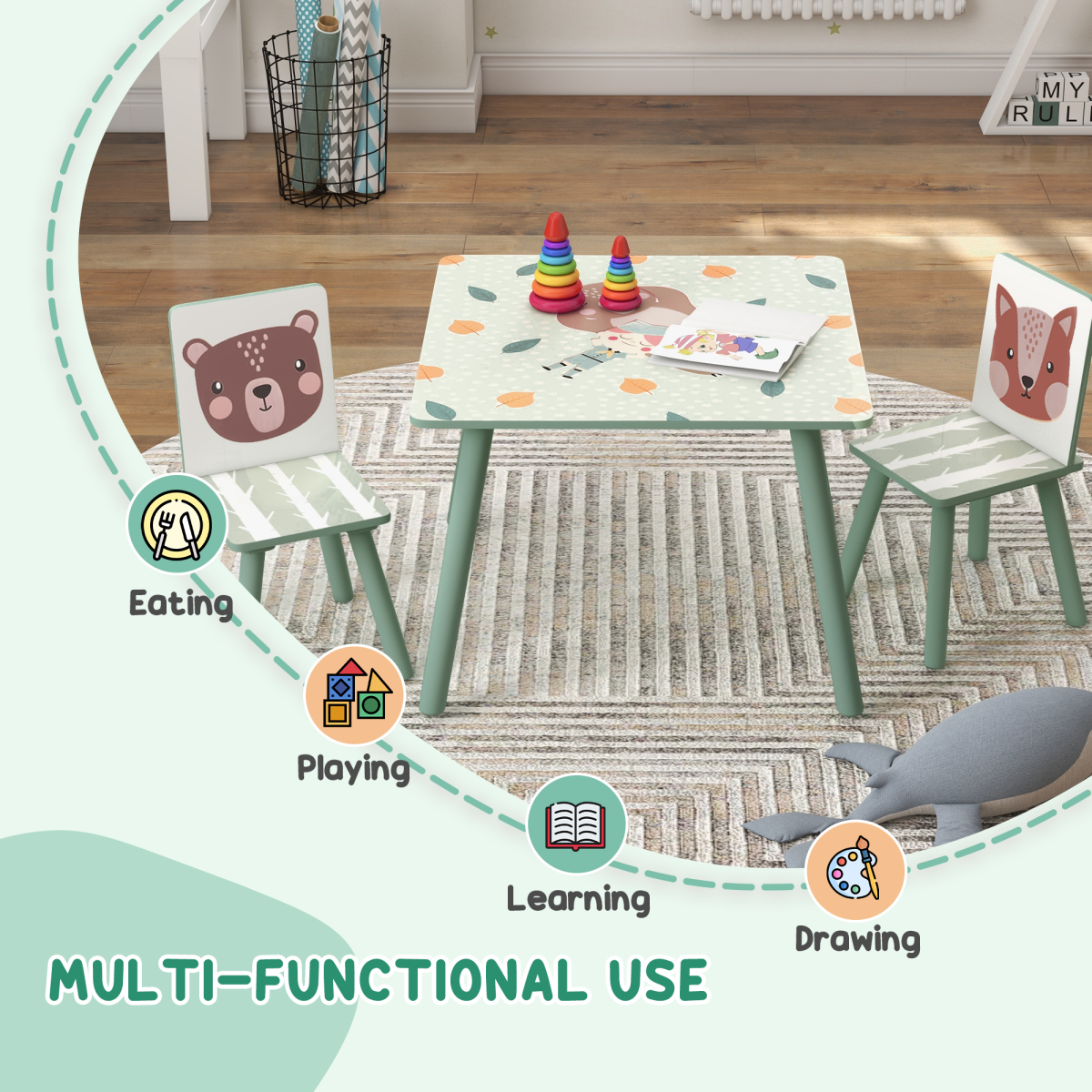 Kids Table & Chair Set – 3-Piece Desk with 2 Chairs, Green