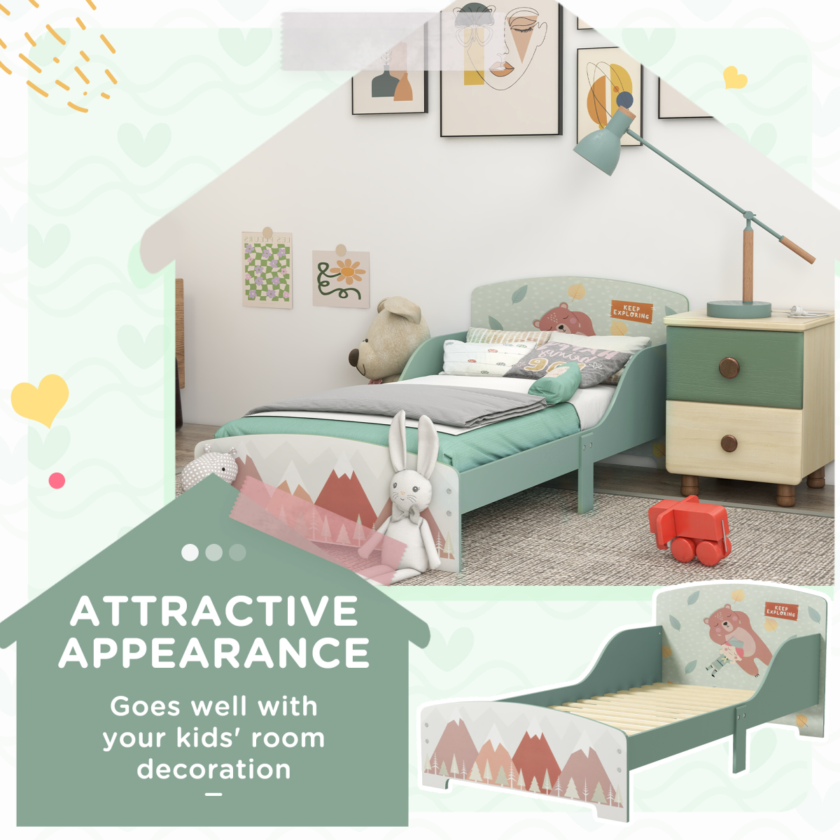 Kids Animal Bed Frame with Side Panels – Green (Ages 3–6)