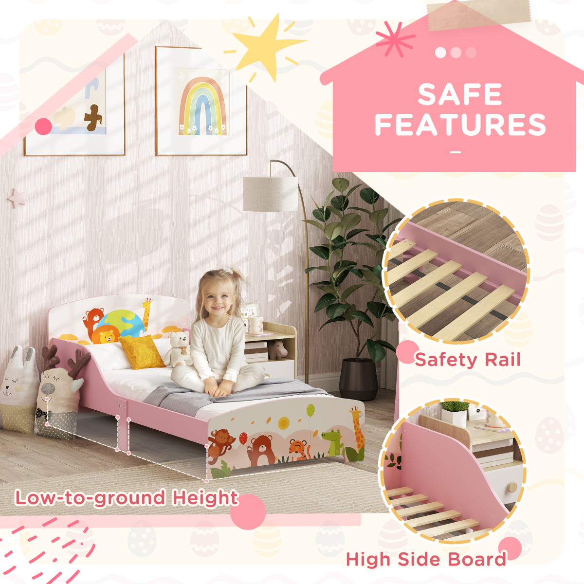 Toddler Bed, Cute Animal-Themed Kids Bed Frame, 143 x 77 x 60cm
