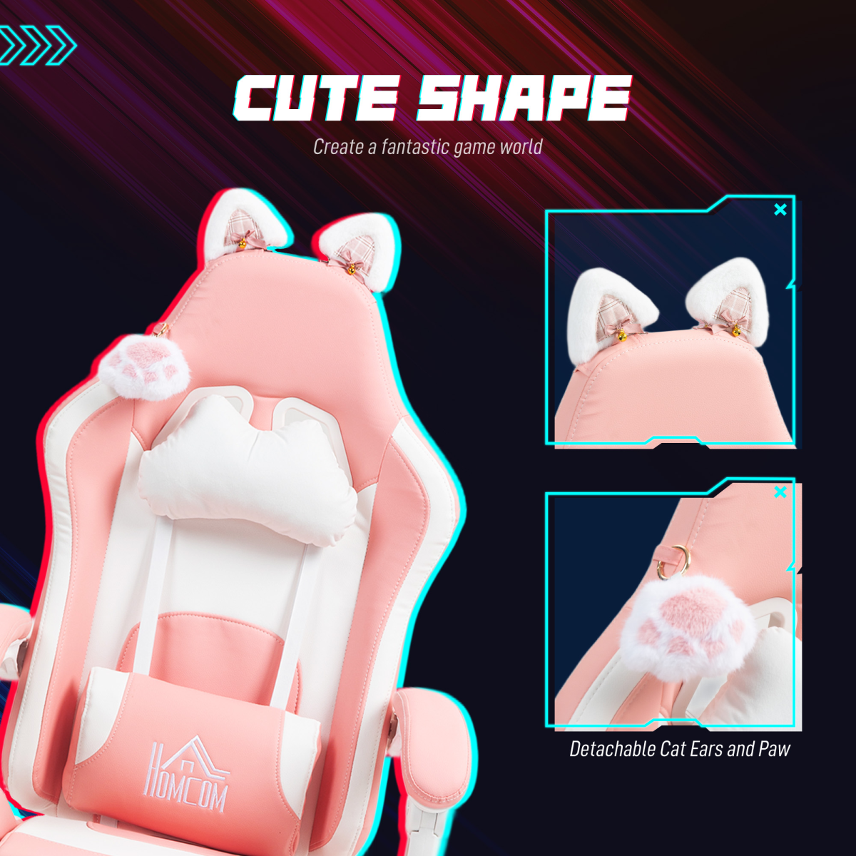 Pink Gaming Chair with Cat Ears & Paw ā Reclining, Adjustable & Cute Comfort HOMCOM