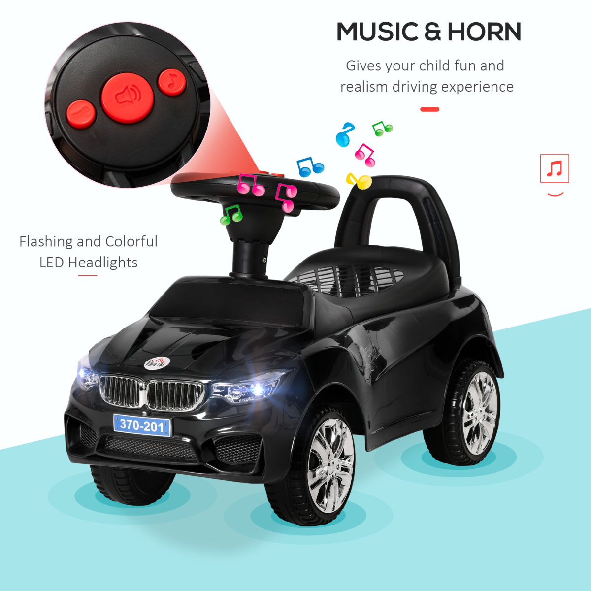 Toddler Ride-On Car with Horn, Music & Storage – Black
