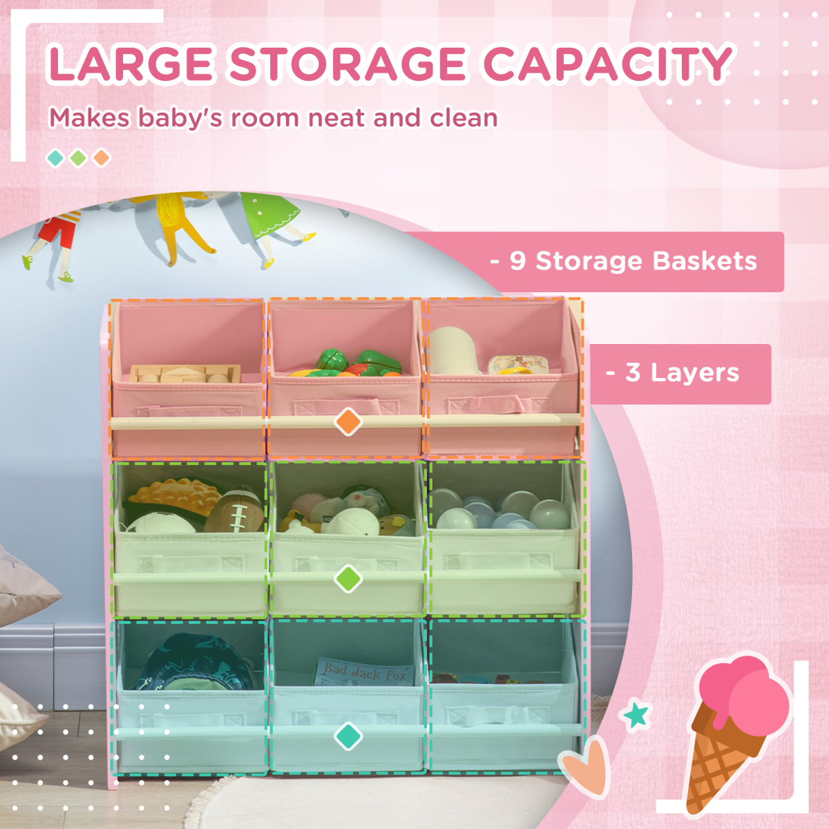 Kids Storage Unit with 9 Removable Baskets – Pink & White