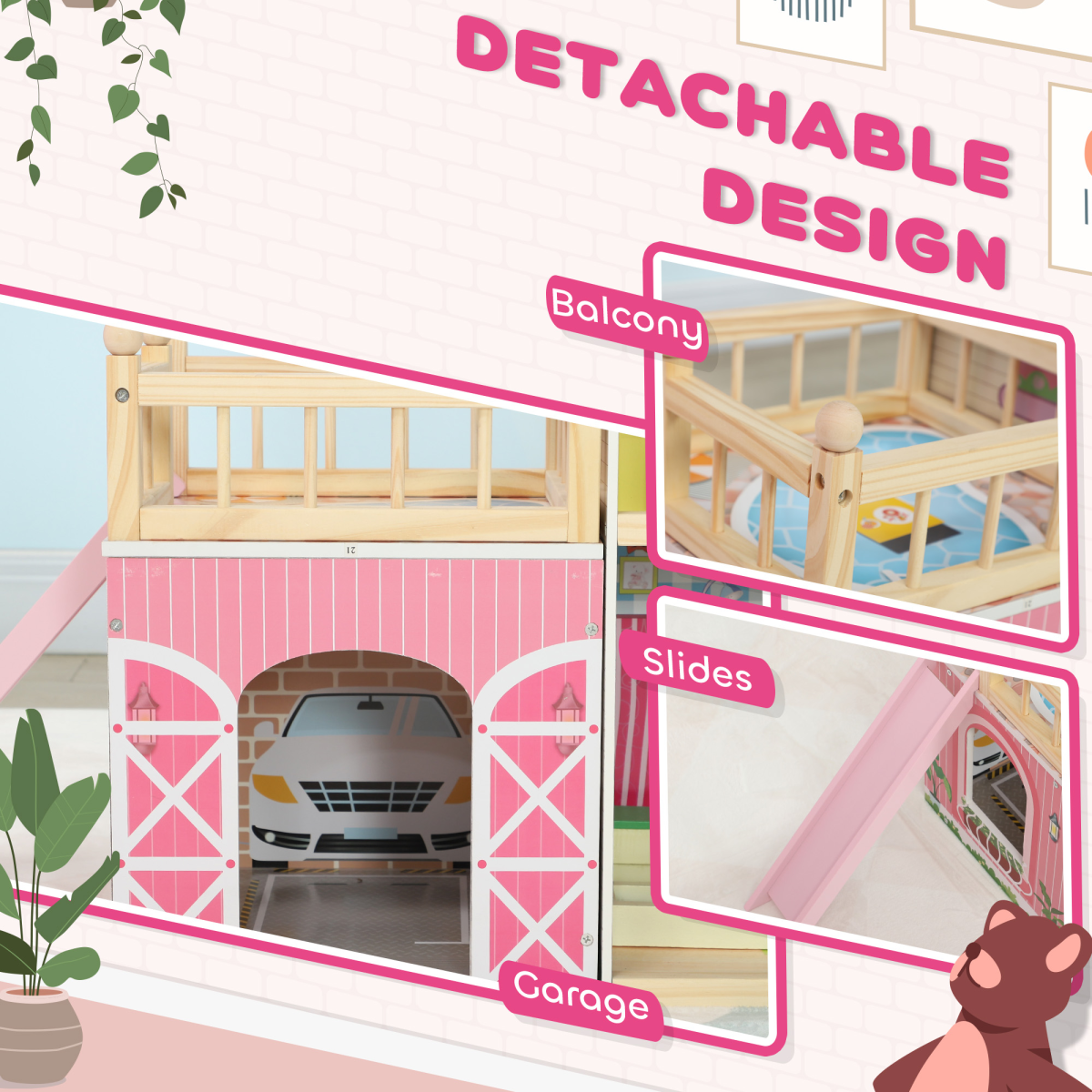 3-Storey Wooden Dollhouse with Furniture & Accessories – Pink