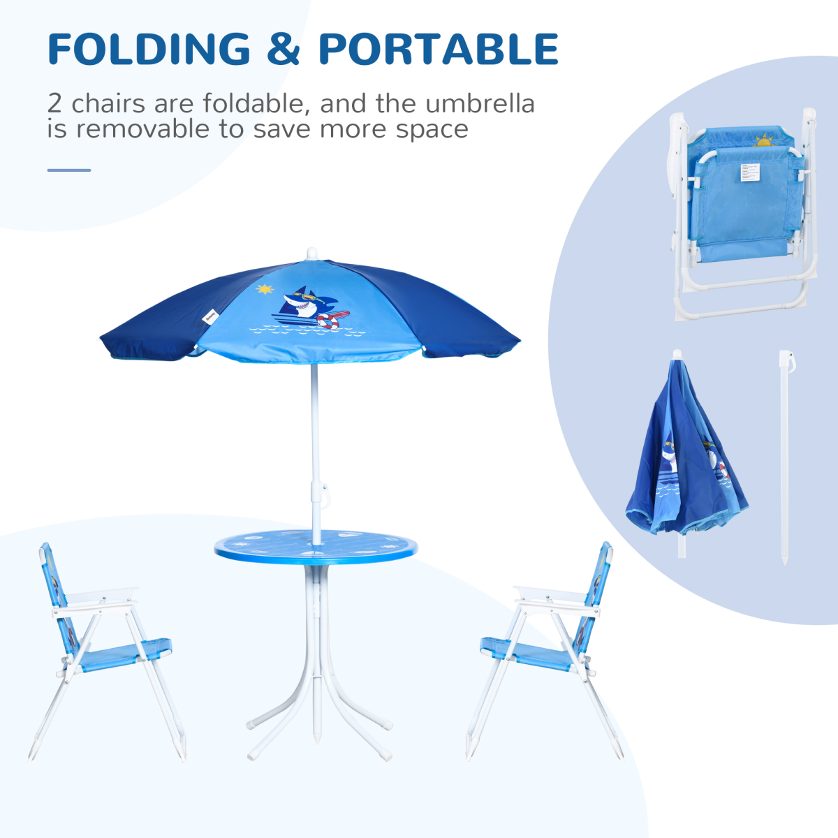 Kids Foldable Four-Piece Garden Set with Table, Chairs & Umbrella – Blue Shark Design