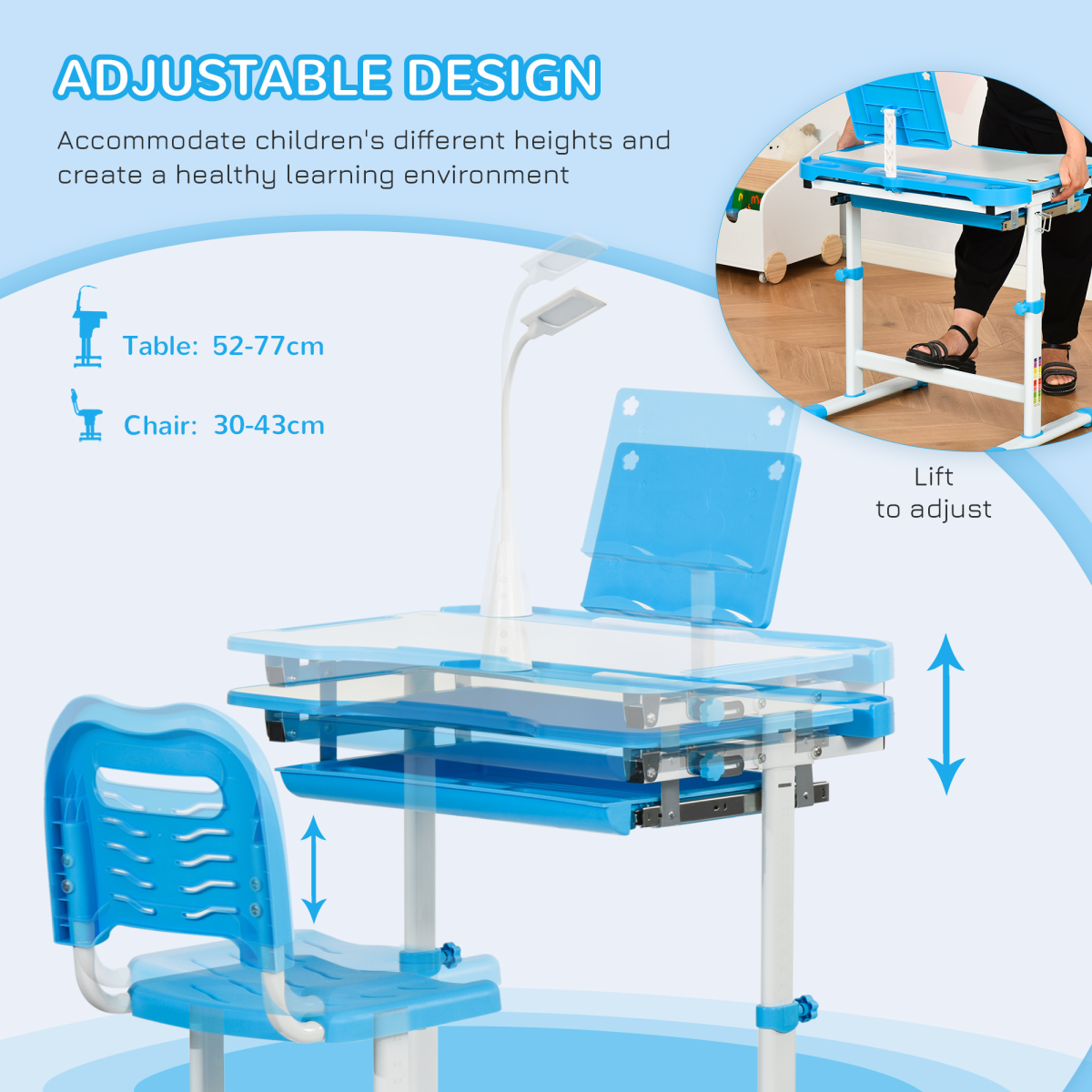 Adjustable Kids Study Desk & Chair Set with Lamp – Blue