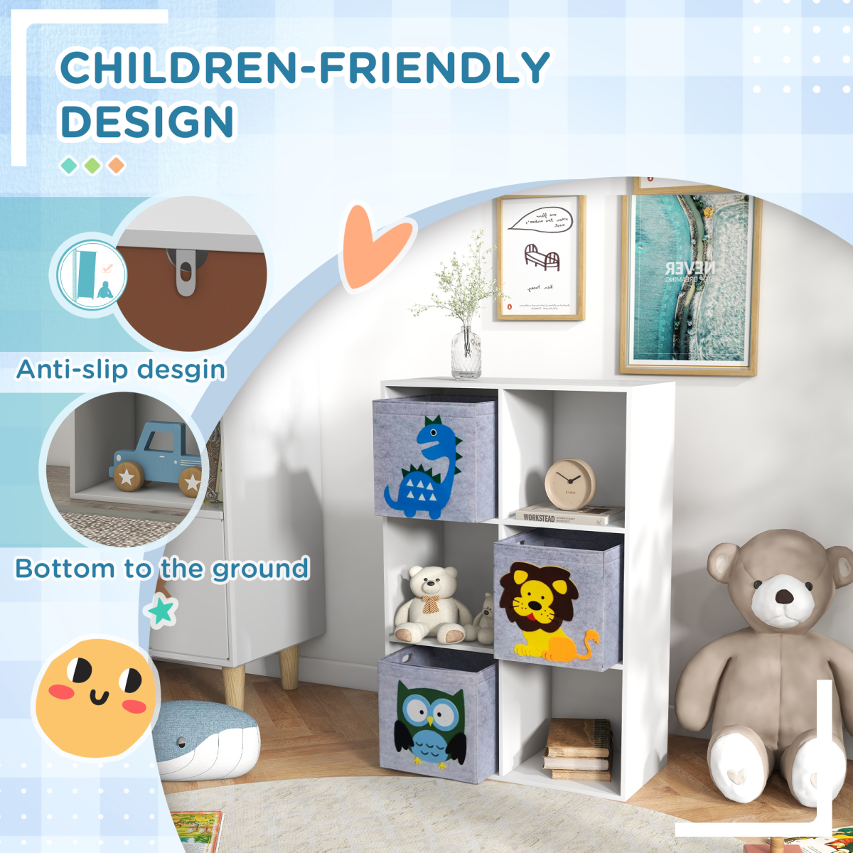 Kids Toy Organiser with 3 Drawers & 6 Cubes – White/Grey (Ages 3+)