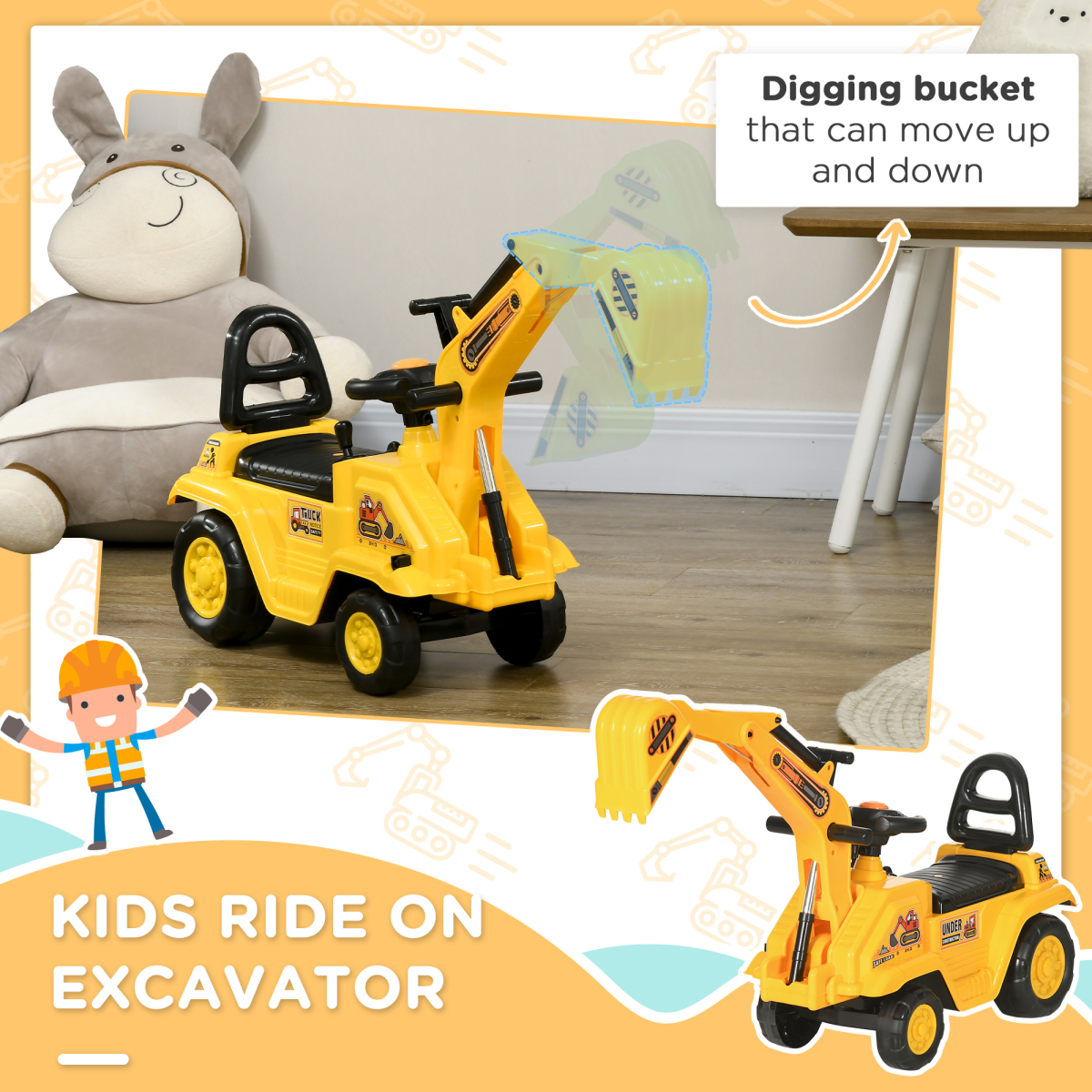Kids Ride-On Digger with Shovel, Horn & Storage – Yellow (Ages 18–48 Months)