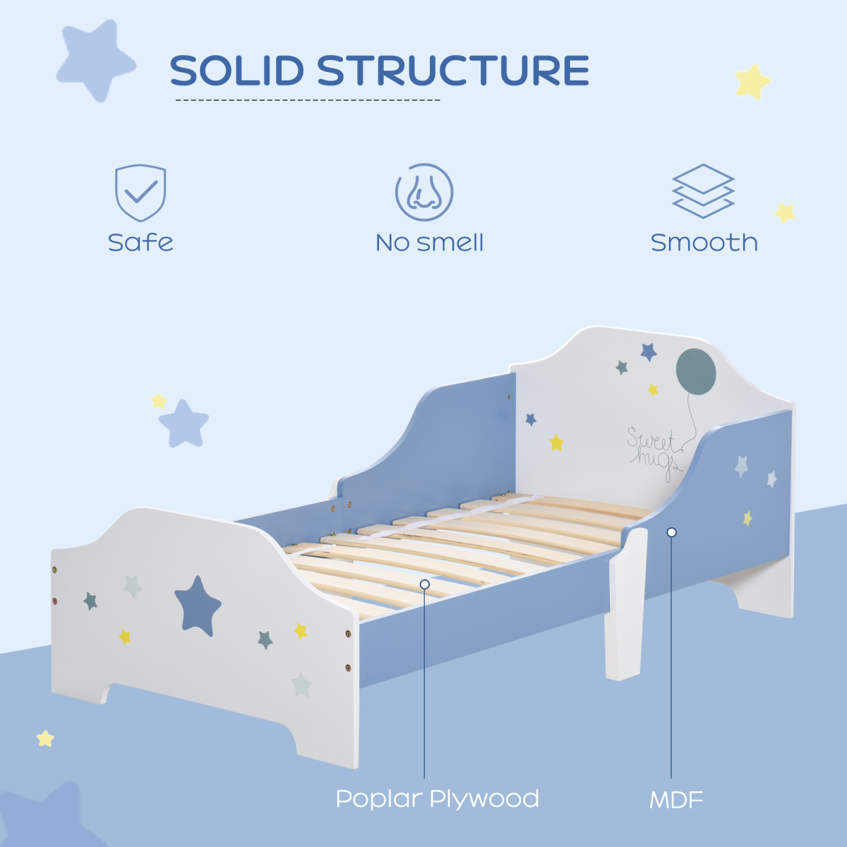 Kids’ Toddler Bed with Stars & Balloon Design – Blue & White
