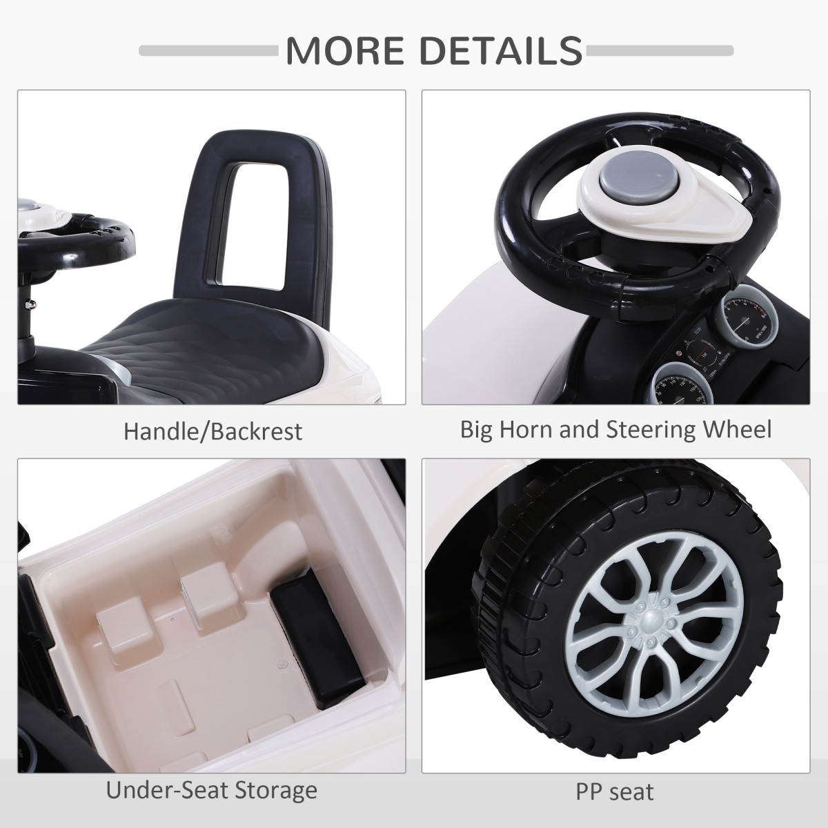 3-in-1 Toddler Ride-On Car with Steering & Horn – White