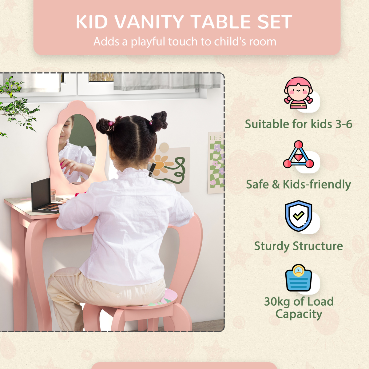 Kids Dressing Table Set with Stool & Mirror – Pink Animal Design