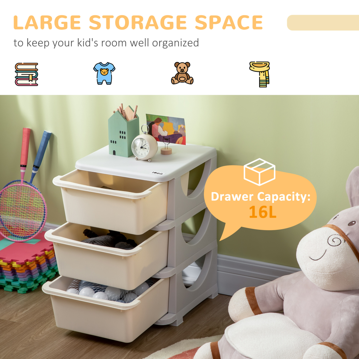 Kids’ 3-Drawer Plastic Storage Unit