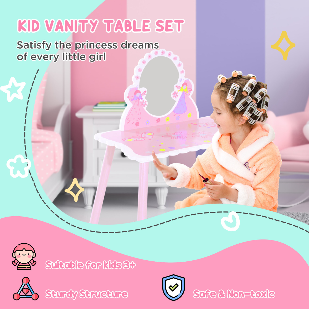 HOMCOM Kids Pink Dressing Table & Chair Set with Mirror