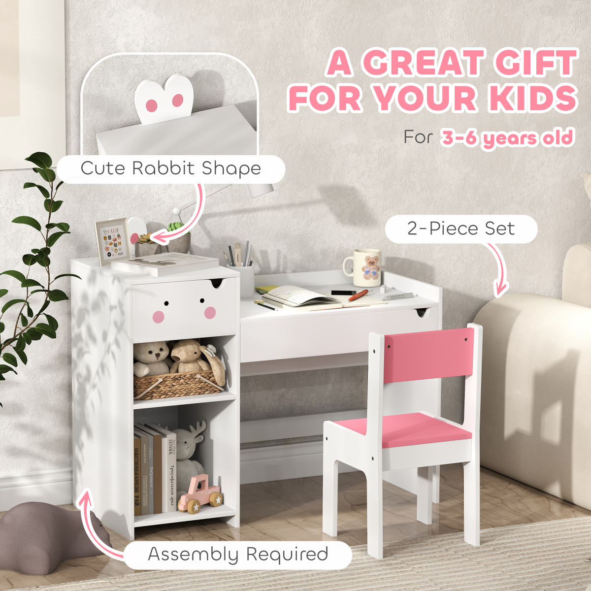 š° Kids Table & Chair Set with Rabbit Design ā White
