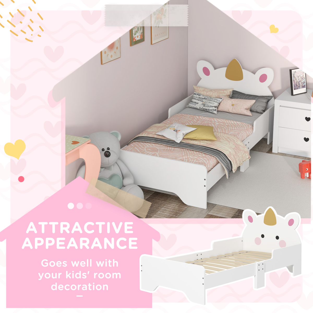 Kids Unicorn Bed Frame with Side Panels – Pink & White (Ages 3–6)