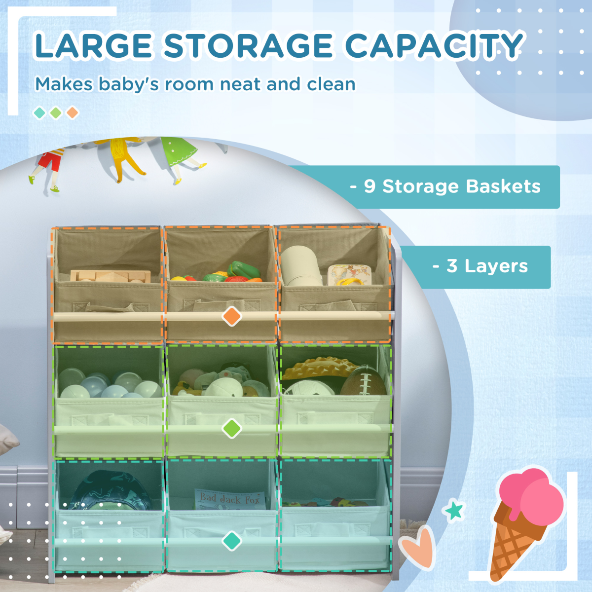 Kids Storage Unit with 9 Removable Baskets – Grey