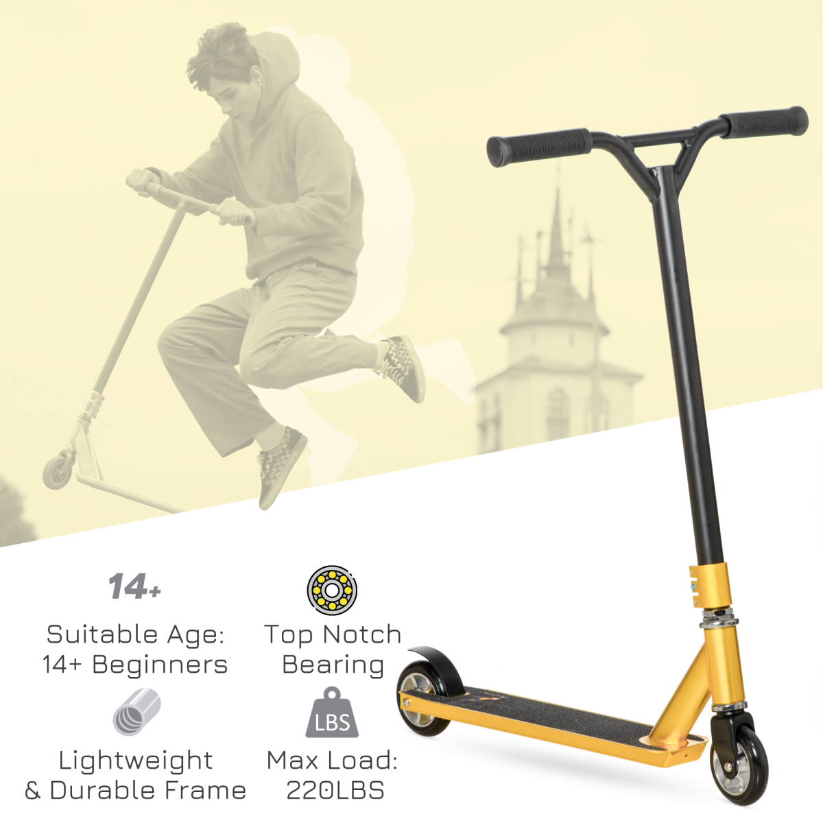 Stunt Scooter Entry Level Tricks Scooter for 14 Beginners, Gold HOMCOM