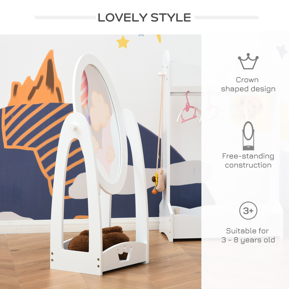 Kids Full-Length Dressing Mirror with Crown Design & Storage Shelf – White
