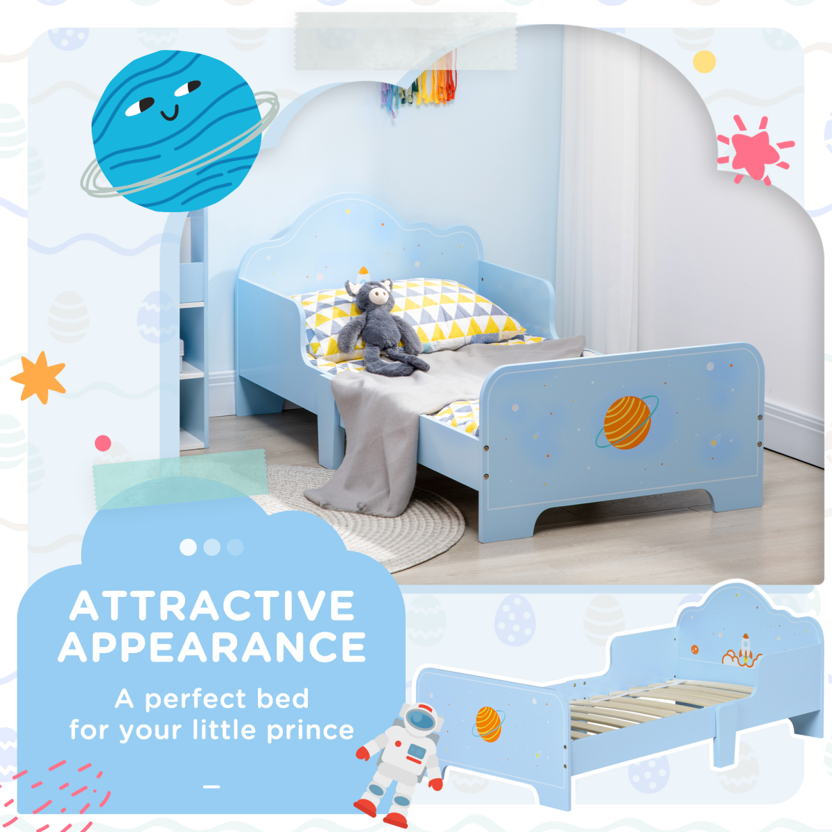 Toddler Bed with Space-Themed Design – Blue (Ages 3–6)