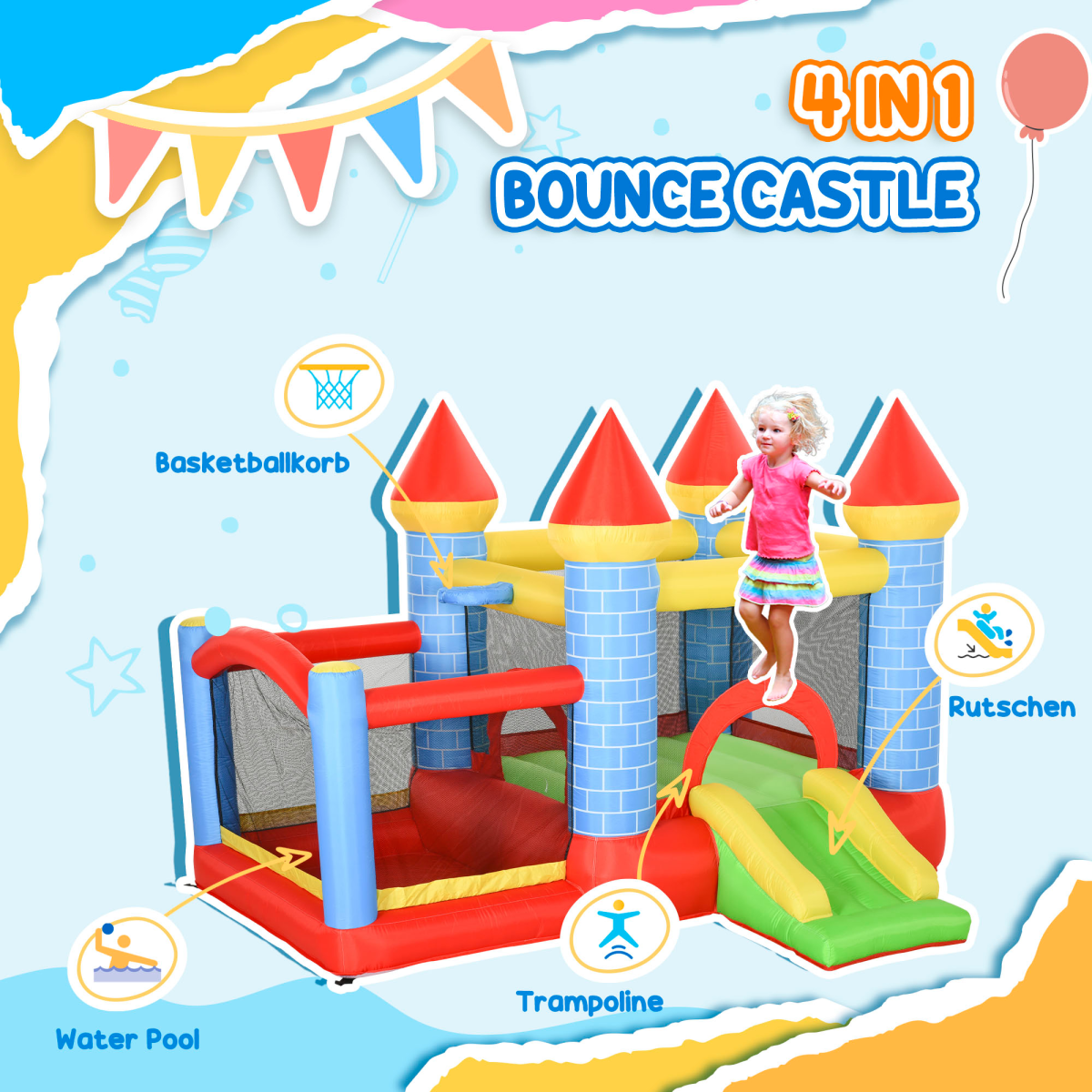 4-in-1 Kids Bouncy Castle with Slide, Pool & Blower – Multicolour