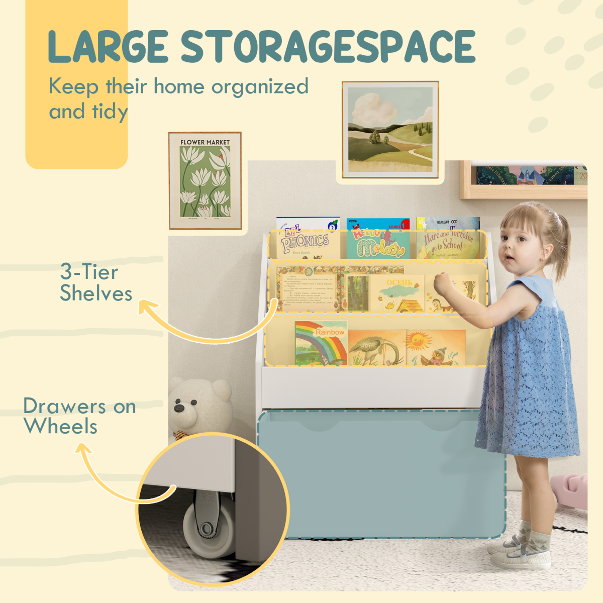 Kids Storage Cabinet with Shelves & Wheeled Drawer – White (Ages 3–8)