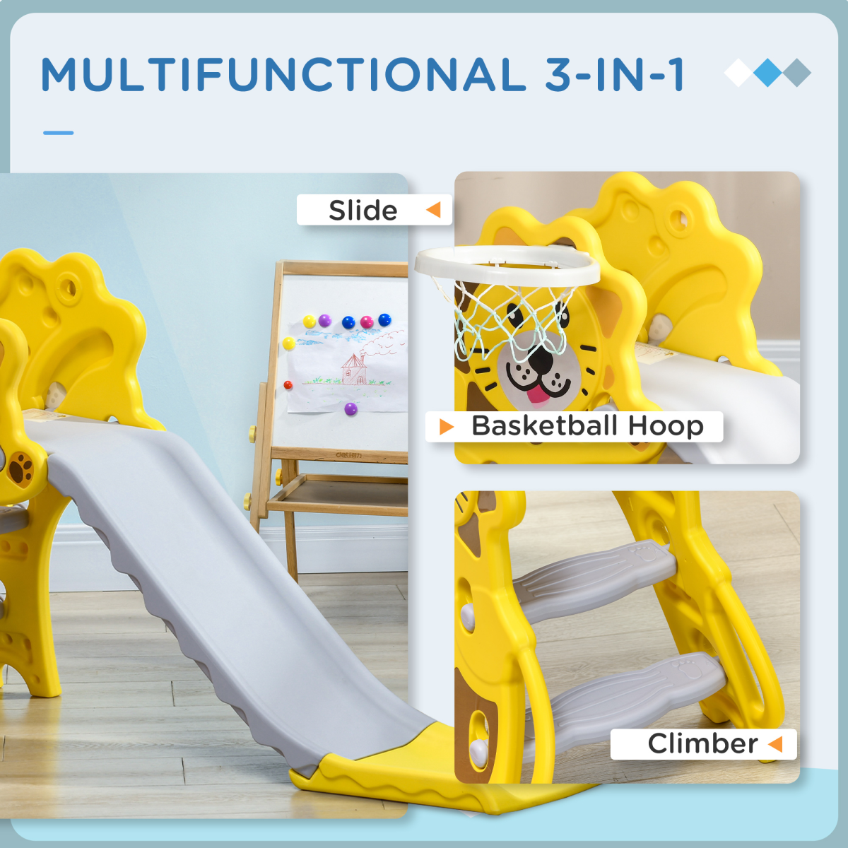 2-in-1 Toddler Slide & Basketball Hoop β Cartoon Lion Design