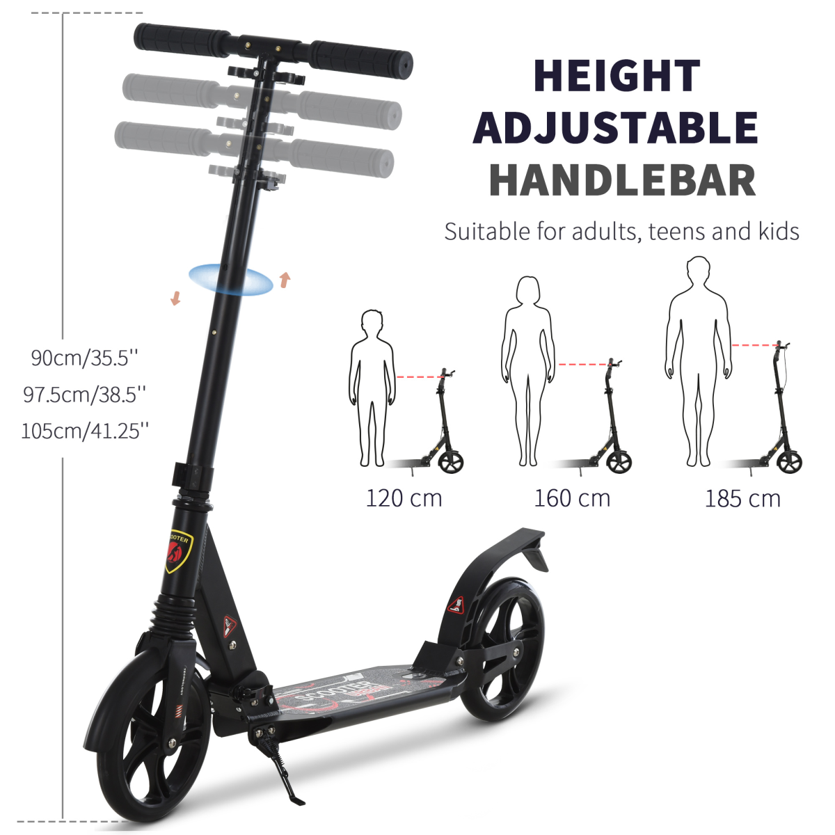 Kick Scooter Folding 2 Big Wheels Adjustable Adult Teens For 14 Black HOMCOM