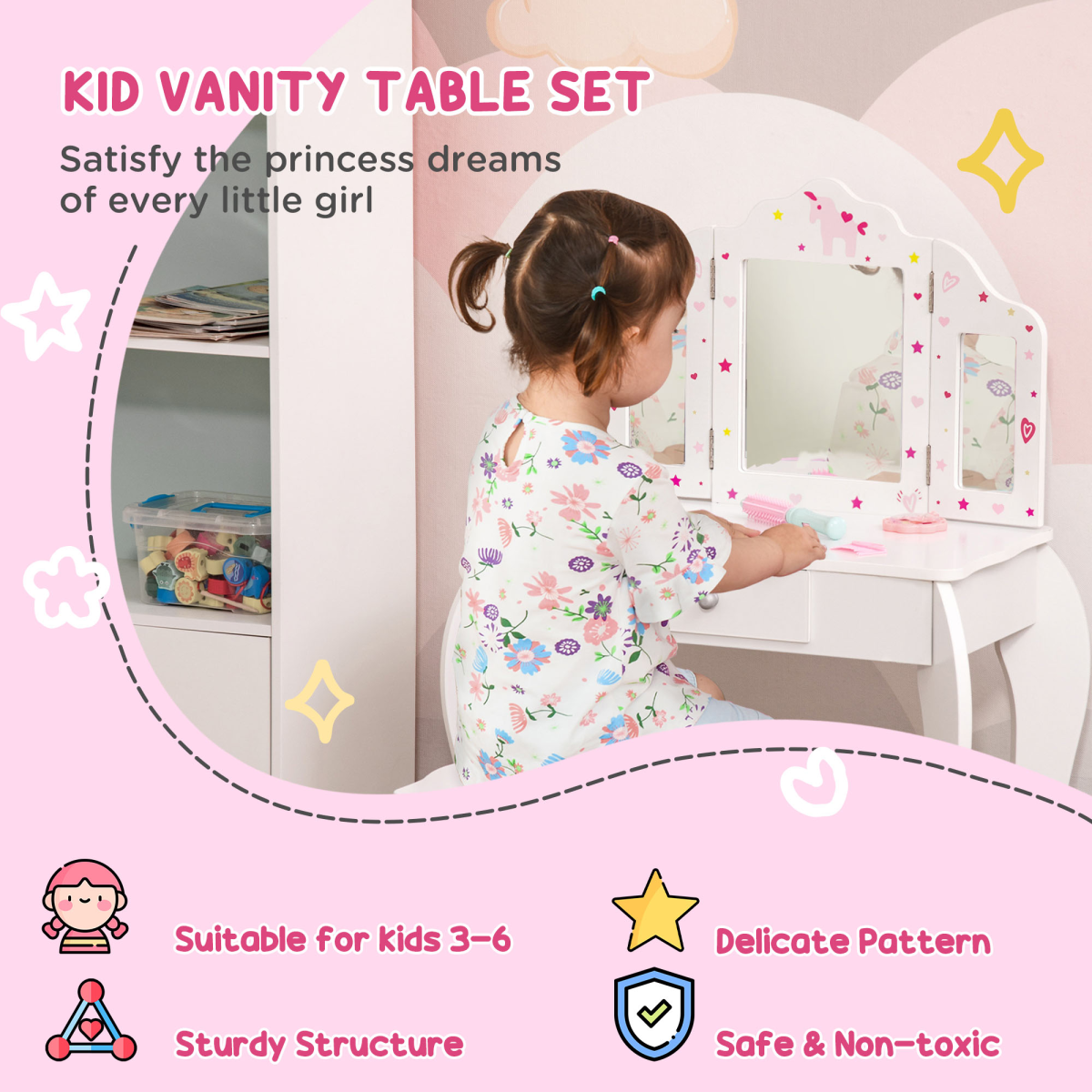 HOMCOM Kids Vanity Table & Stool Set with Rotatable Mirror β White & Pink