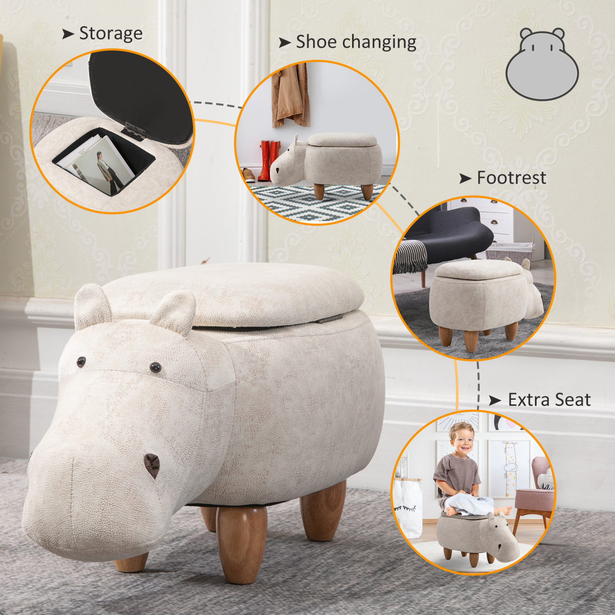 Kids Hippo Storage Ottoman ā Cream White HOMCOM